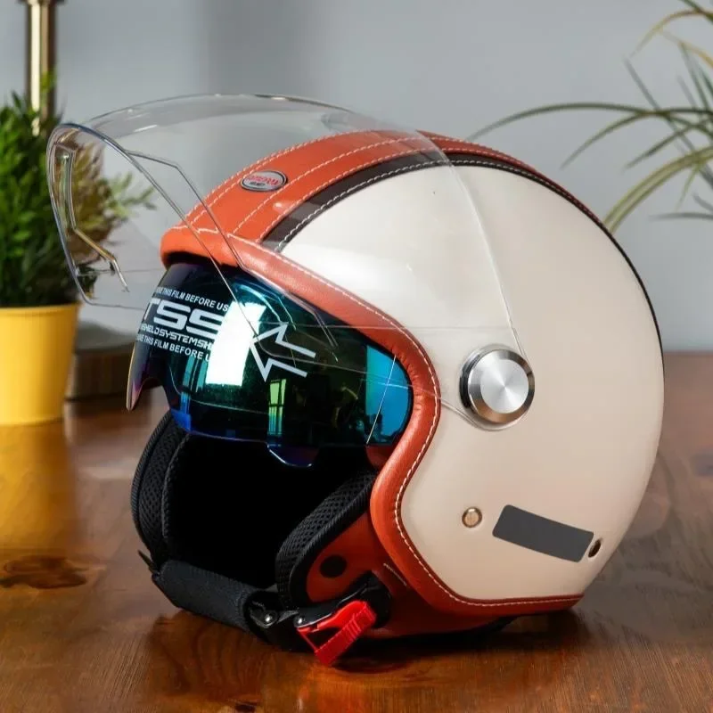 Vintage Open Face Retro Helmet - 빈티지 스타일의 가죽 오픈형 헬멧, 이중